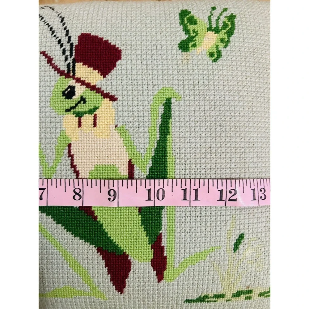 Vintage Grasshopper Needlepoint Footstool Bench Wood 15 L x 12 H 10 W